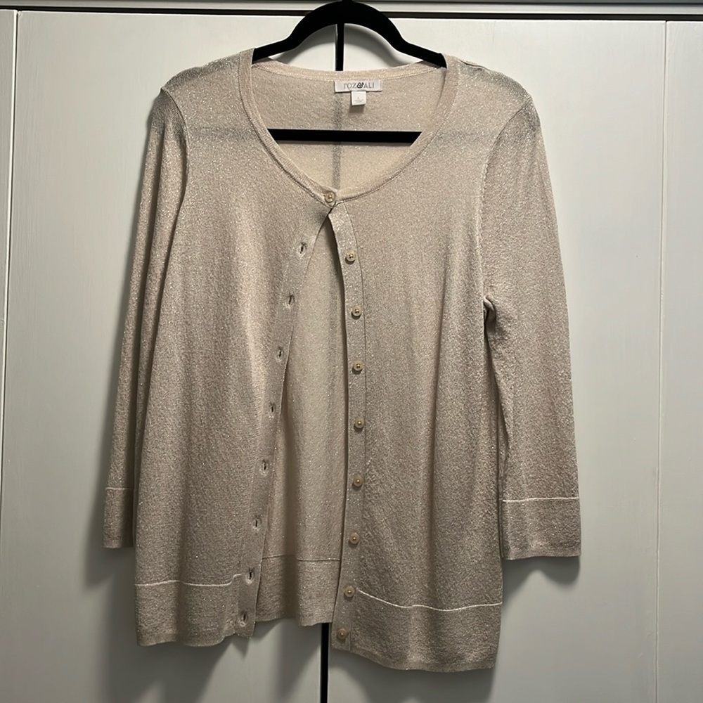 Roz & Ali 3/4 Sleeve, Scoop Neck Shimmery Cardigan